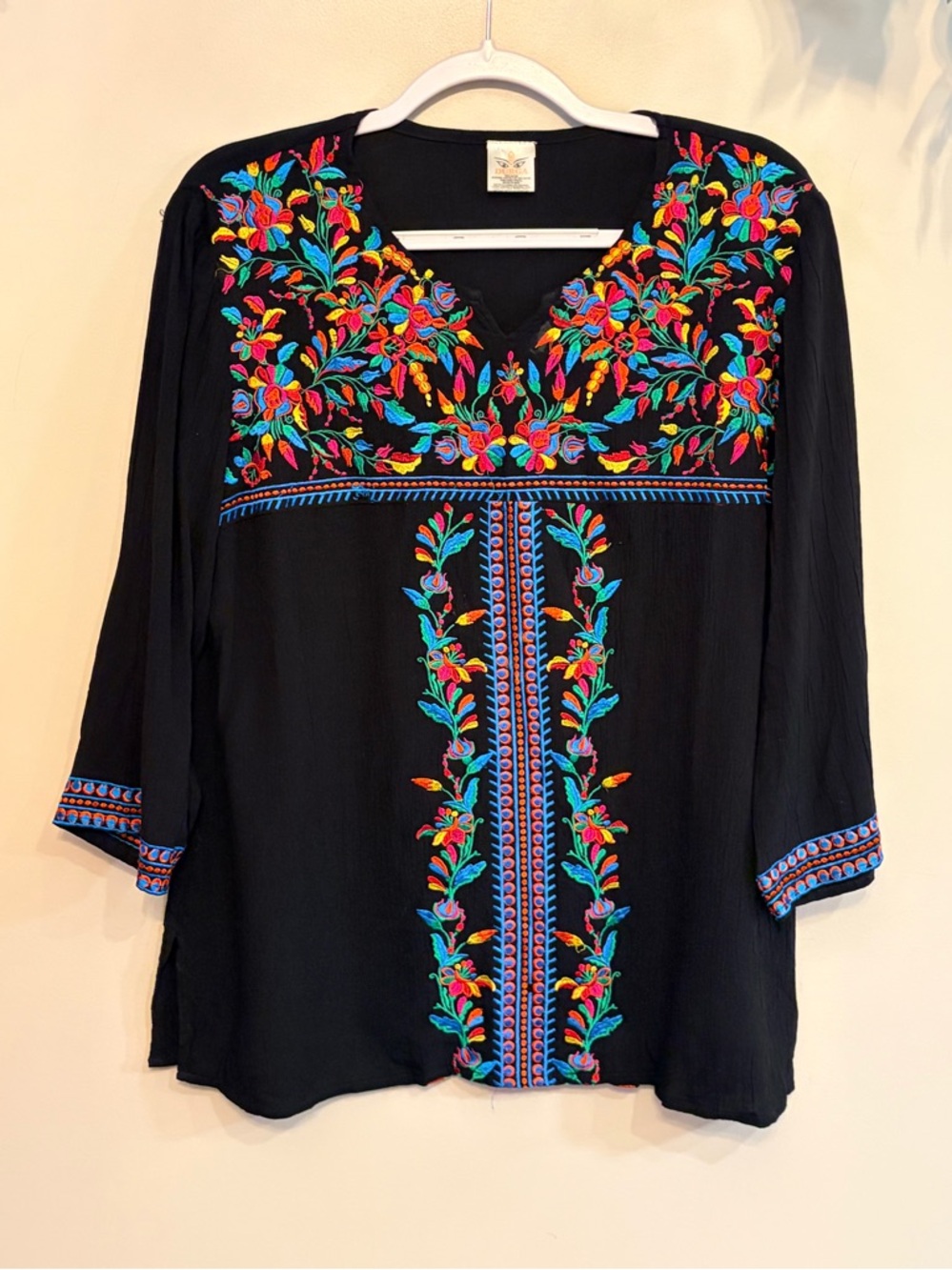 DURGA Cotton Embroidered Floral Peasant Top - Black